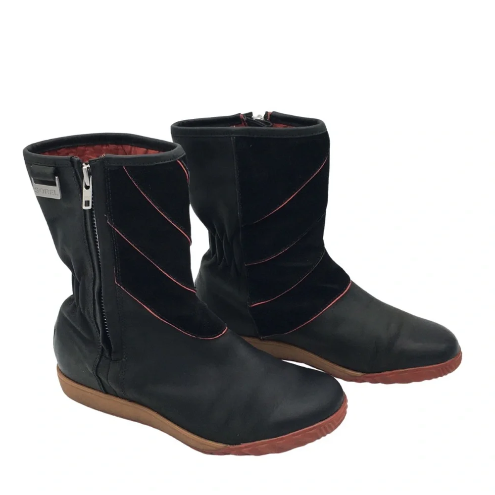 Sorel Firenzy Winter Black & Red Leather Ankle Booties Boots retro Y2K size 7.5